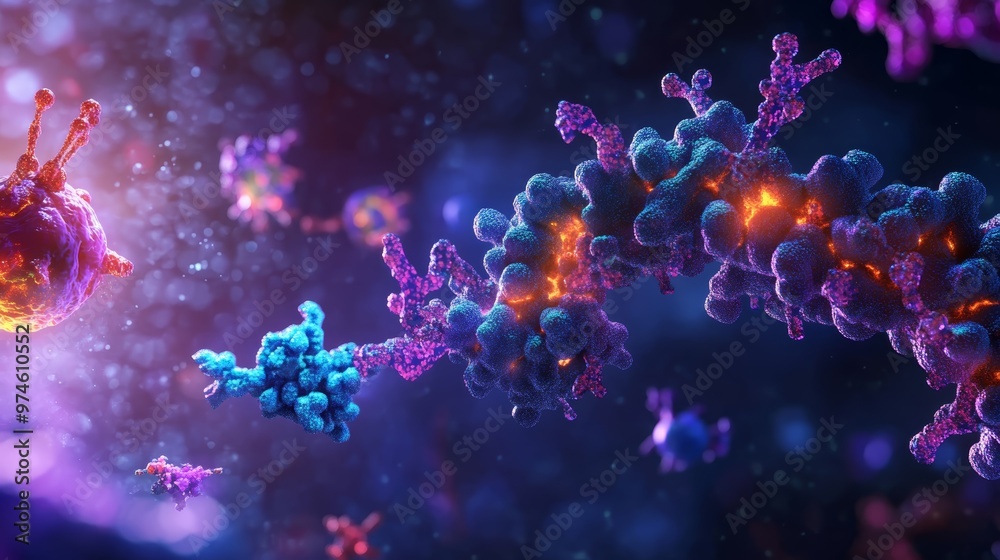 A vibrant depiction of molecular structures in a cosmic background, highlighting the beauty of science and biology. A vibrant depiction of molecular structures in a cosmic background, highlighting the beauty of science and biology.