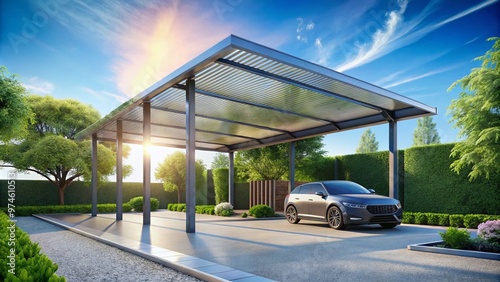 Modern contemporary freestanding carport with sleek metal frame, translucent roof panels, and ample parking space underneath, set against a bright blue sky with lush greenery surroundings.