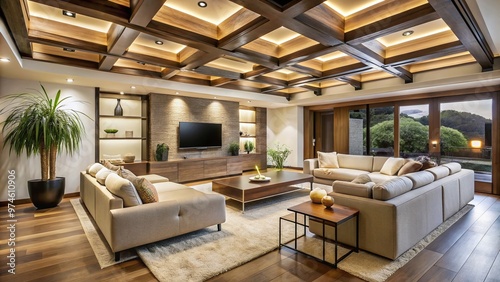 Modern living room featuring a sleek drop ceiling with recessed lighting, wooden beams, and a stunning neutral color palette that creates a cozy ambiance.