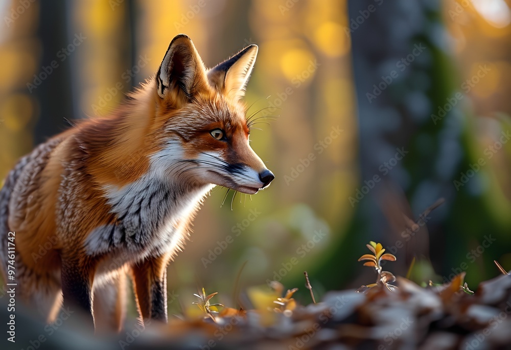 Obraz premium Red fox standing in a forest, with its bright fur contrasting against the autumn leaves, capturing its beauty and agility in the wild