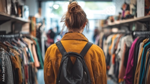 Stylish Woman Browsing Thrift Store Aisles