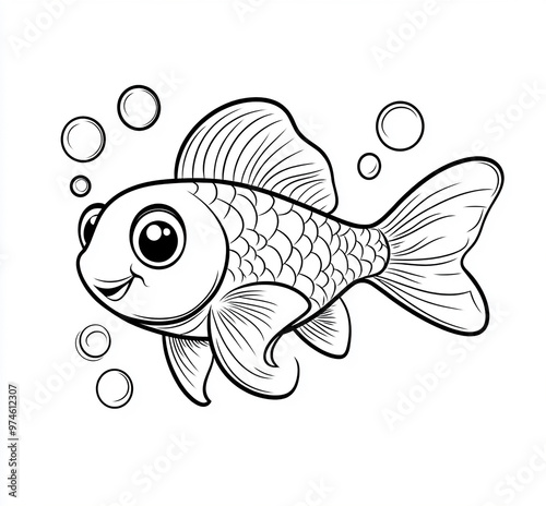 Coloring page for kids, cute fish with bubbles in the background, cartoon style, with thick lines