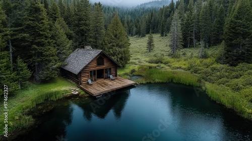 A small, remote cabin is nestled by a small lake, surrounded by lush green trees and forest. The isolation offers a tranquil retreat in the pristine wilderness.