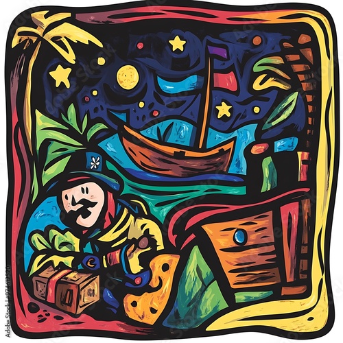 Colorful Illustration of a Pirate with a Treasure Chest Under a Starry Night Sky.