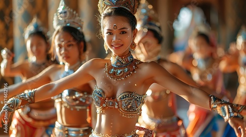 A traditional Khmer Apsara dance performance in Cambodia, with dancers adorned in ornate costumes moving gracefully to tell ancient stories. The scene captures the elegance and cultural significance  photo