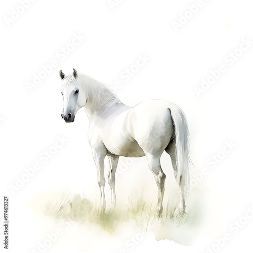 Watercolor Illustration of a White Horse Standing in a Field