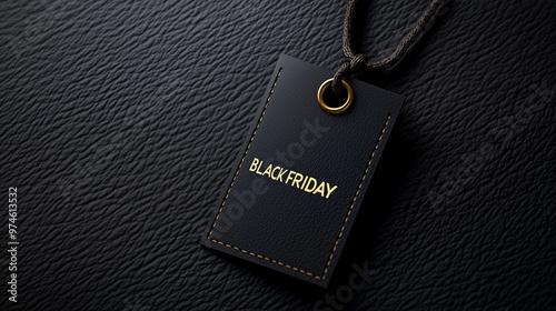 Black leather tag with the inscription "Black Friday" on a textured black leather background. Gold inscription, metal ring. Luxury and premium. Advertising materials, sales on Black Friday. 