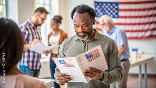 Voters Reviewing Candidate Flyers at Polling Station with American Flag