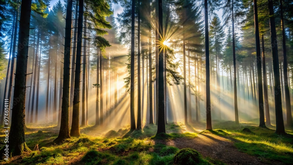 Mystical fog envelops towering conifers in the ancient Black Forest of Germany, where sunlight filters through dense canopy, casting dappled shadows on the forest floor. Mystical fog envelops towering conifers in the ancient Black Forest of Germany, where sunlight filters through dense canopy, casting dappled shadows on the forest floor.