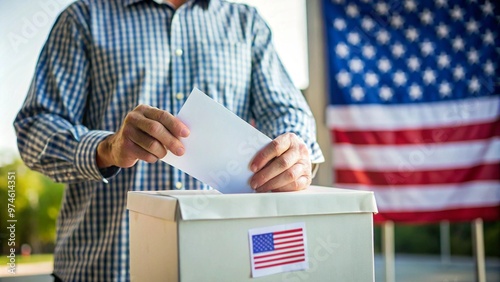 Voter Dropping Ballot in Box with American Flag in Background