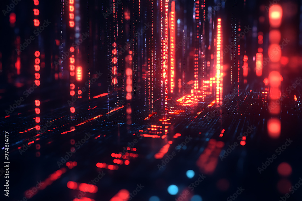 Obraz premium Abstract tech dark background featuring flowing binary code and neon elements, creating a futuristic digital atmosphere.