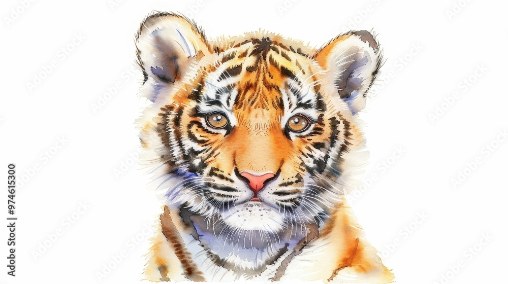 Fototapeta premium Playful Tiger Cub Illustration, vibrant stripes, charming expression, ideal for children's clothing, bright colors against a white backdrop, ample space for text integration
