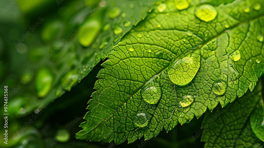 Fototapeta premium Fresh Green Leaf with Water Droplets: A Detailed Macro Shot Highlighting Nature’s Purity, Freshness, and Environmental Beauty