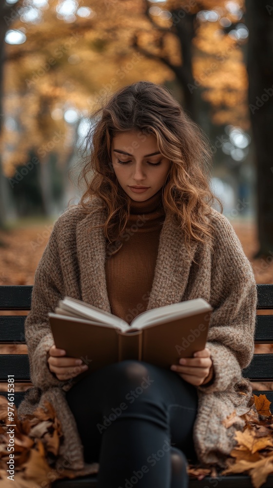 Obraz premium A woman reads a book on a park bench surrounded by autumn leaves in the afternoon light