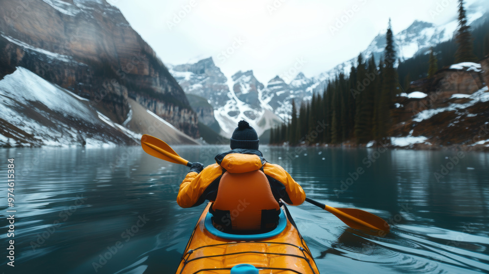 A person kayaking in lake water in winter with snow mountain A person kayaking in lake water in winter with snow mountain