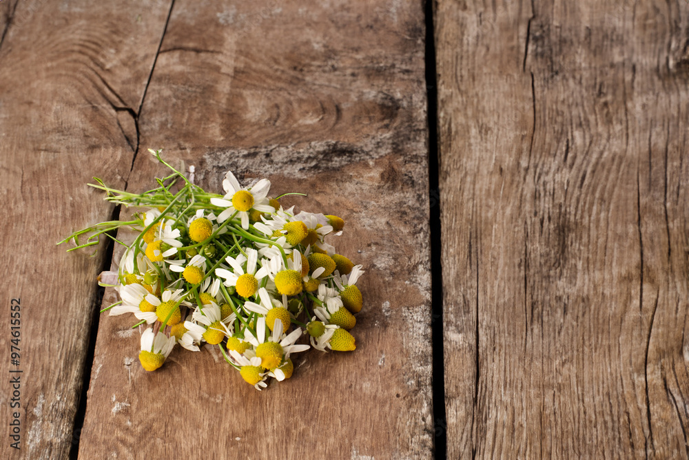 Obraz premium Fresh chamomile flowers on the wooden background. Hair treatment concept. Close up