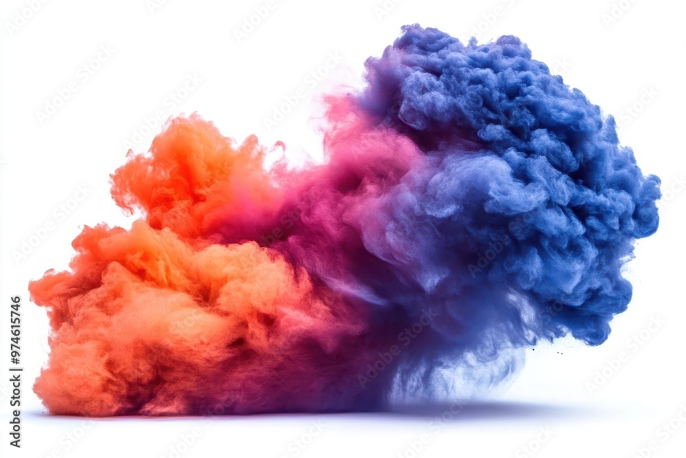 Fototapeta premium explosive cloud of vibrant colored powder against pure white background freezeframe capture of particles in midair