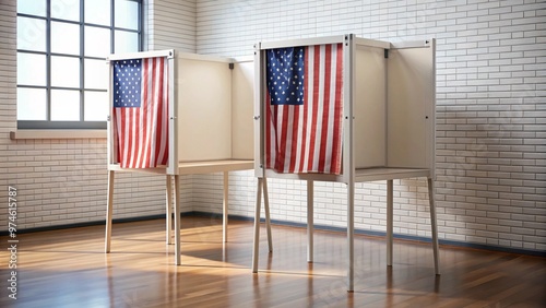Voting Booths Draped with American Flags in Empty Polling Station