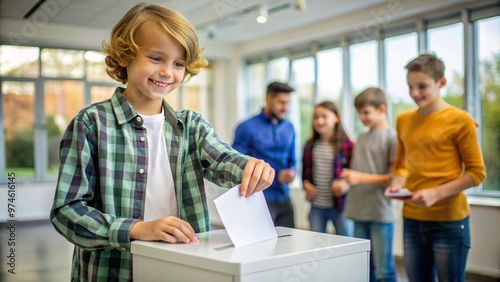 Smiling young boy casting vote in classroom with children in background