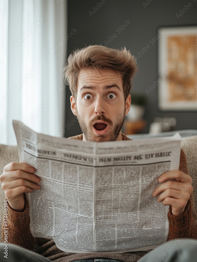 Naklejka premium Man in Living Room Looking Surprised at Newspaper, Homey Atmosphere 