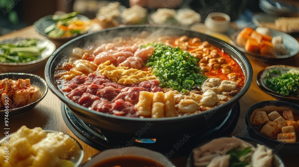 24. A beautifully arranged hotpot table, featuring various cuts of meat, seafood, tofu, and vegetables ready to be cooked in the bubbling pot of spicy broth at the center.