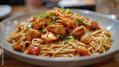 29. A close-up of a plate of chow mein, with stir-fried noodles, chicken, and vegetables in a savory soy-based sauce, topped with crispy fried onions and green onions.