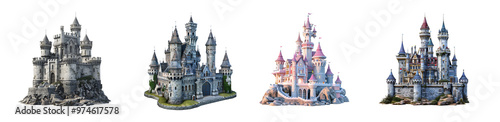 Collection of Majestic Stone Castles Isolated on transparent background