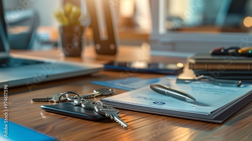 A desk with a laptop, a pen, and a key on it