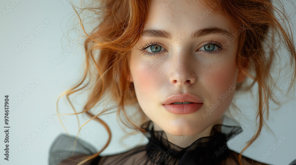 Portrait of a woman with red hair and blue eyes, wearing delicate lace attire. Portrait of a woman with red hair and blue eyes, wearing delicate lace attire.