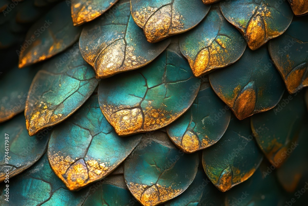Fototapeta premium extreme closeup of iridescent dragon scales with intricate patterns golden hues blend into emerald greens creating a mesmerizing texture soft diffused lighting enhances depth