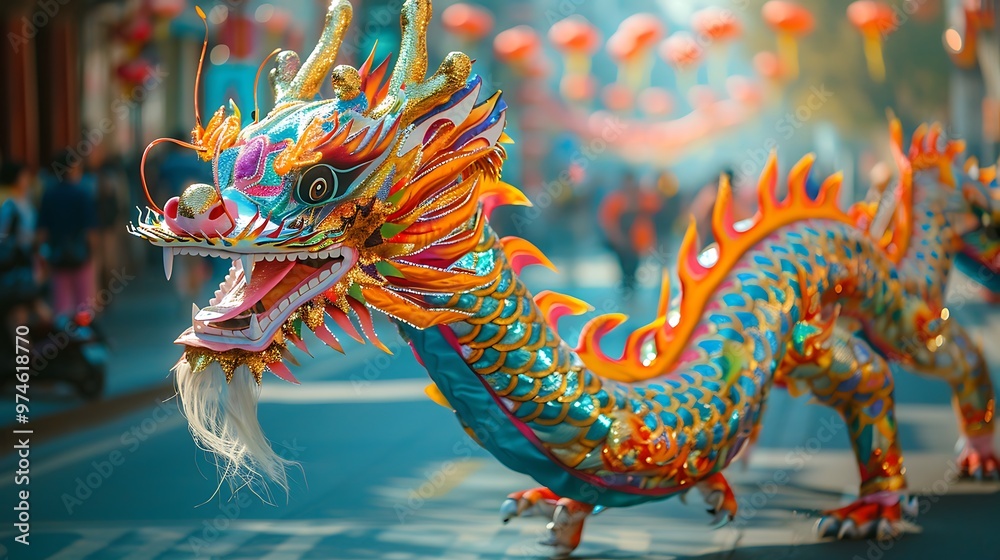 A traditional Chinese dragon dance performed during a festival, with a long, colorful dragon winding through the streets. The scene is filled with energy and cultural pride, reflecting the joy A traditional Chinese dragon dance performed during a festival, with a long, colorful dragon winding through the streets. The scene is filled with energy and cultural pride, reflecting the joy