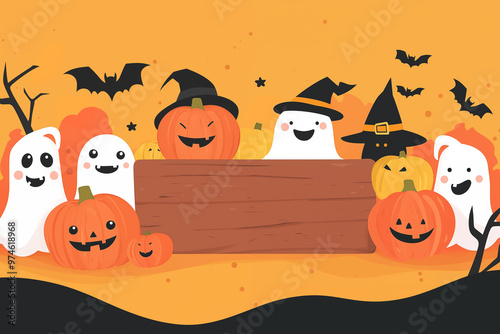 Halloween background with cute ghosts in witch hats and jack-o-lantern pumpkins around a wooden signboard on an orange background, watercollor illustration. photo