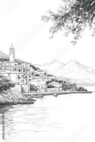 Charlestown, Saint Kitts, black and white pen pencil hand-drawn effect portrait drawing illustration for travel poster, card, wallpaper, backdrop or banner. Modern, clear, artistic and simple