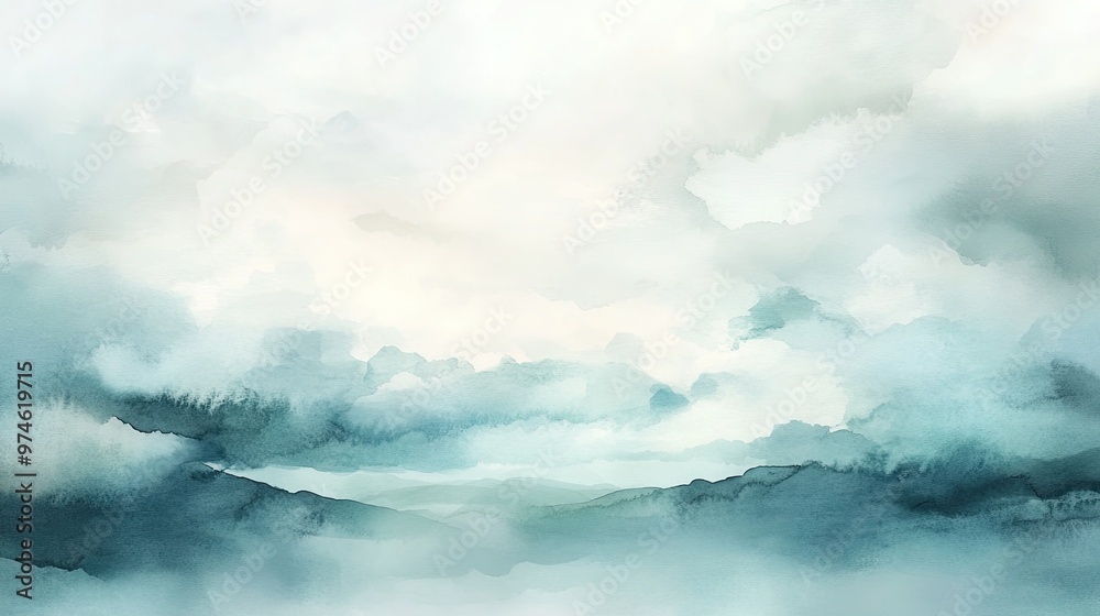 Obraz premium Soft watercolor sky with fluffy clouds in pastel hues.
