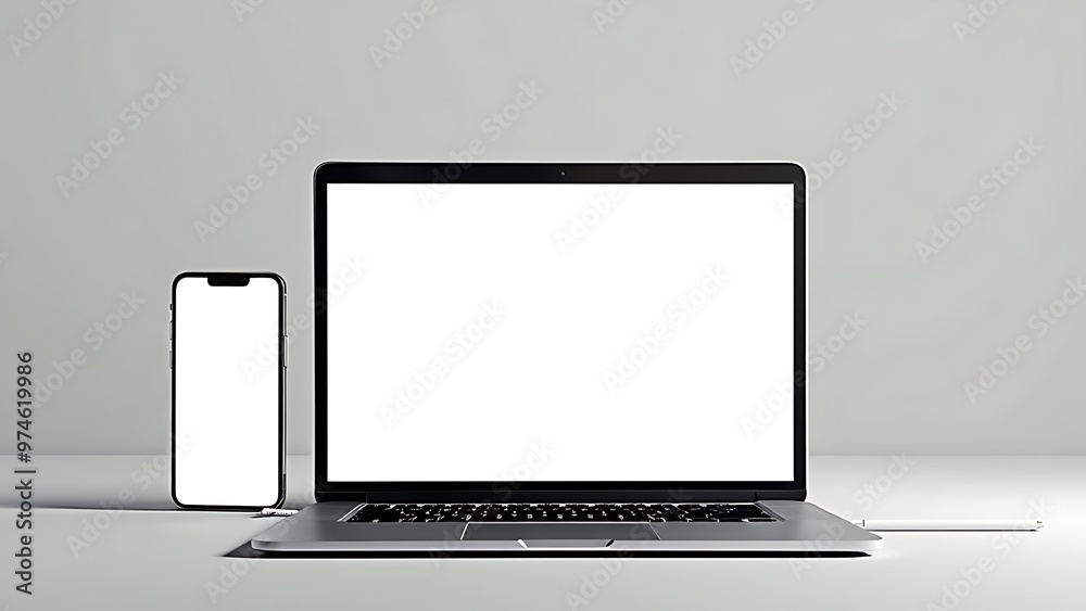 Laptop and smartphone, both with blank screens, set against a light background. Ideal for technology mockups, digital design, and marketing materials. Laptop and smartphone, both with blank screens, set against a light background. Ideal for technology mockups, digital design, and marketing materials.