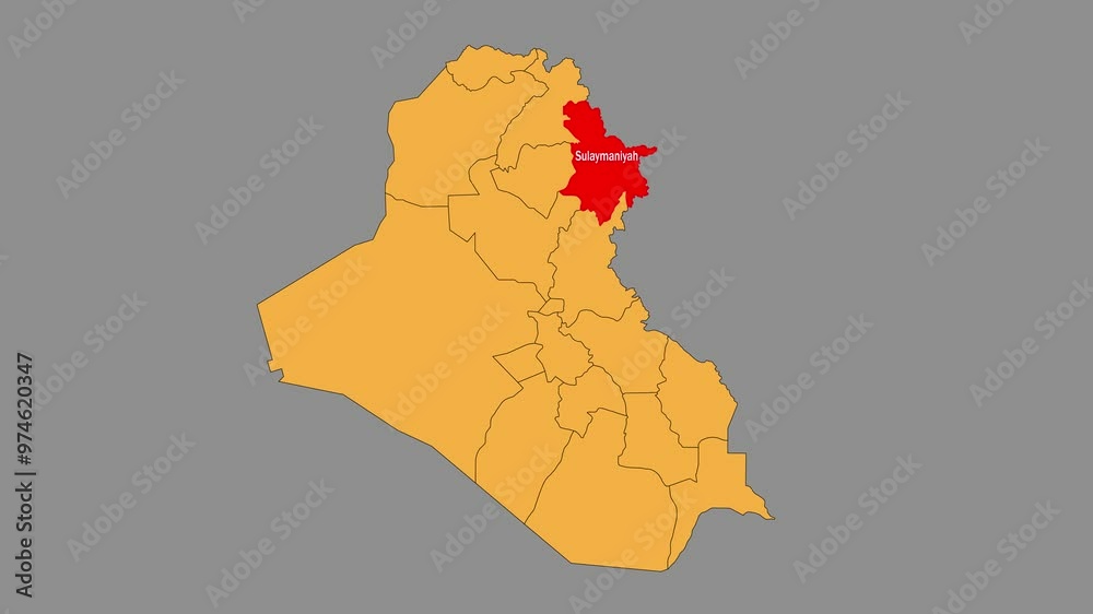 Sulaymaniyah map animated video. The location is highlighted on the Iraq map. Colour map with Gray background in video format.