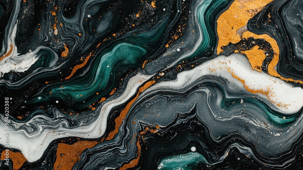 Abstract artwork featuring vibrant swirls of green, black, and gold, creating a stunning, fluid design for modern decor. Abstract artwork featuring vibrant swirls of green, black, and gold, creating a stunning, fluid design for modern decor.