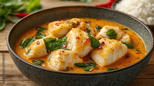 21. A steaming bowl of Thai fish curry, with chunks of white fish in a spicy and tangy coconut broth, garnished with Thai basil and chili slices, served with jasmine rice in the background.