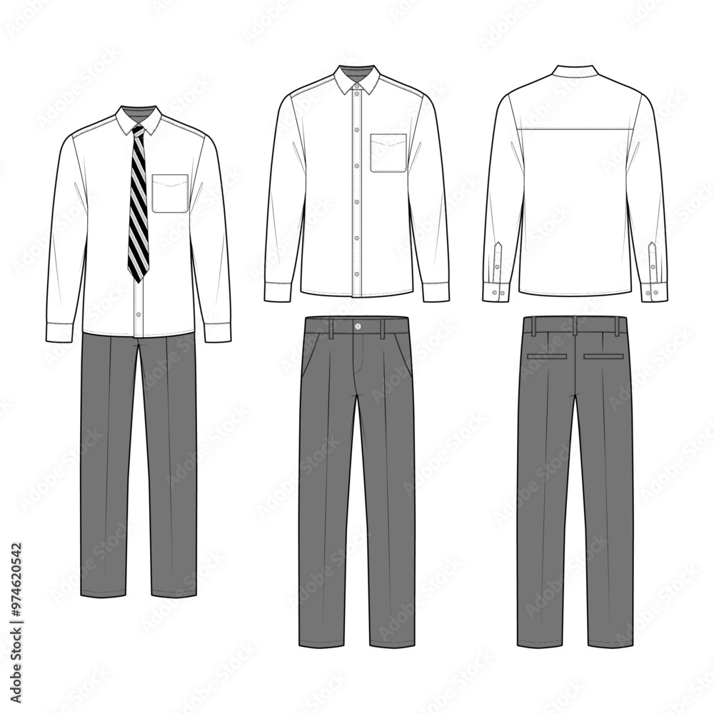 Technical flat sketch of a men's school uniform design template. Long-sleeve collar shirt and straight-fit pants set mock-up. Button-down classic shirt and striped necktie, trouser. Technical flat sketch of a men's school uniform design template. Long-sleeve collar shirt and straight-fit pants set mock-up. Button-down classic shirt and striped necktie, trouser.