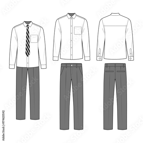 Technical flat sketch of a men's school uniform design template. Long-sleeve collar shirt and straight-fit pants set mock-up. Button-down classic shirt and striped necktie, trouser.