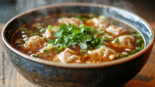 3. A steaming bowl of wonton soup, featuring delicate wontons filled with seasoned pork, floating in a light, flavorful broth, topped with fresh cilantro and thinly sliced green onions.