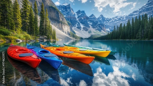 Kayak boat in still quiet lake water with snow mountain forest