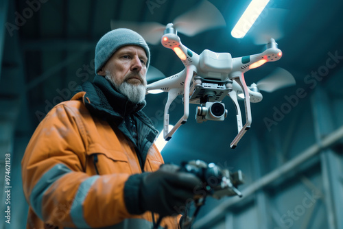  Concentrated elderly Caucasian male operating a drone in an industrial setting, showcasing advanced technology and expertise