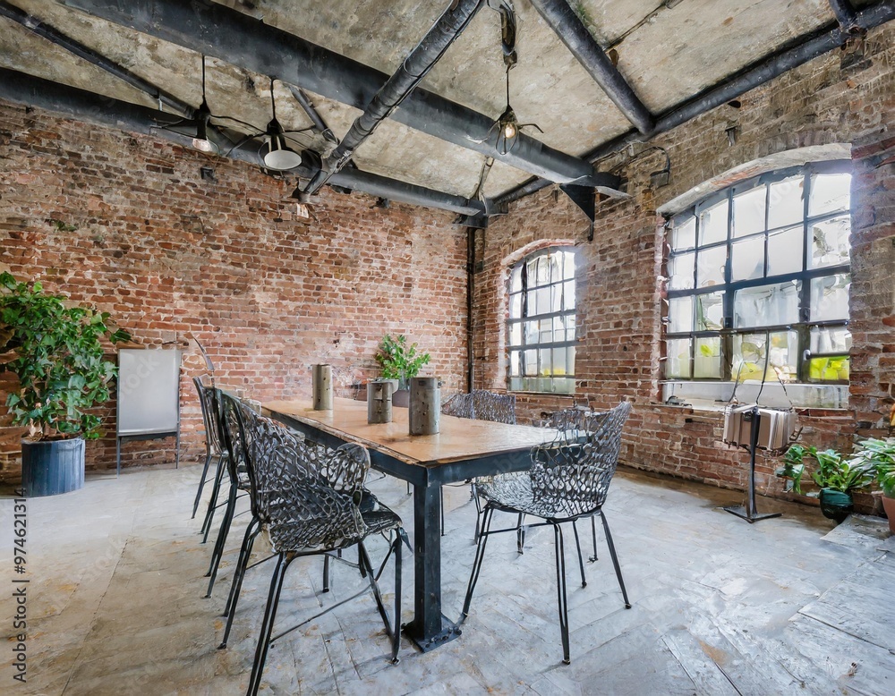 Industrial dining room with metal chairs and exposed brick walls Industrial dining room with metal chairs and exposed brick walls