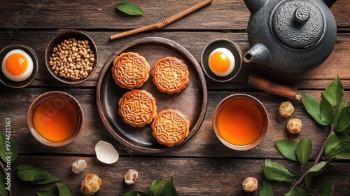 14. A rustic table spread with Chinese tea and a plate of mooncakes, filled with lotus seed paste and salted egg yolk, served with delicate tea cups and a teapot. photo