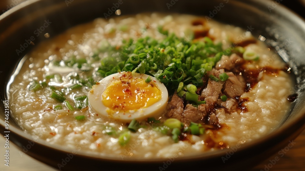 19. A close-up of a bowl of congee, featuring a silky rice porridge garnished with preserved egg, pork, chopped scallions, and a drizzle of soy sauce. 19. A close-up of a bowl of congee, featuring a silky rice porridge garnished with preserved egg, pork, chopped scallions, and a drizzle of soy sauce.