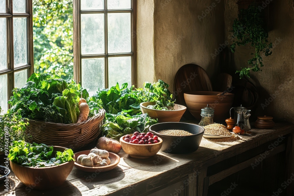 A rustic kitchen scene filled with fresh vegetables and grains, showcasing natural ingredients. A rustic kitchen scene filled with fresh vegetables and grains, showcasing natural ingredients.