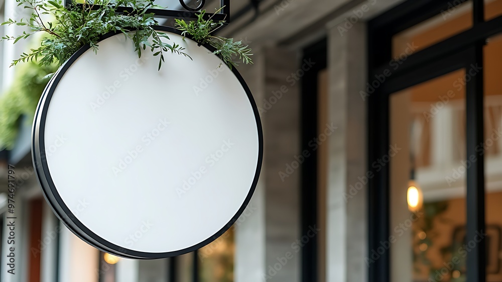 Blank sign mounted on a metal frame, adorned with greenery. Ideal for branding, storefront designs, and outdoor advertising. Blank sign mounted on a metal frame, adorned with greenery. Ideal for branding, storefront designs, and outdoor advertising.
