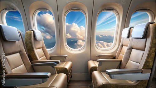 Rear-facing fold-down seat in an airy, sleek commercial airliner cabin over fluffy white clouds, with earthy landscape visible through large rounded windows.