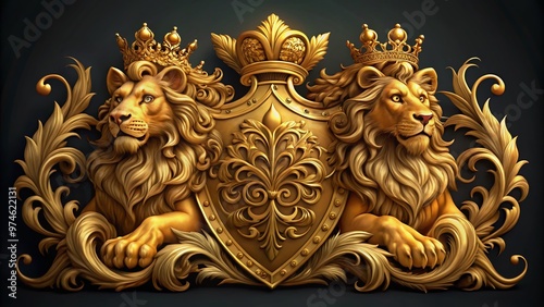 Regal golden lions, adorned with ornate crowns and flowing manes, proudly sit atop a decorative crest, surrounded by intricate scrolls and foliate patterns. photo